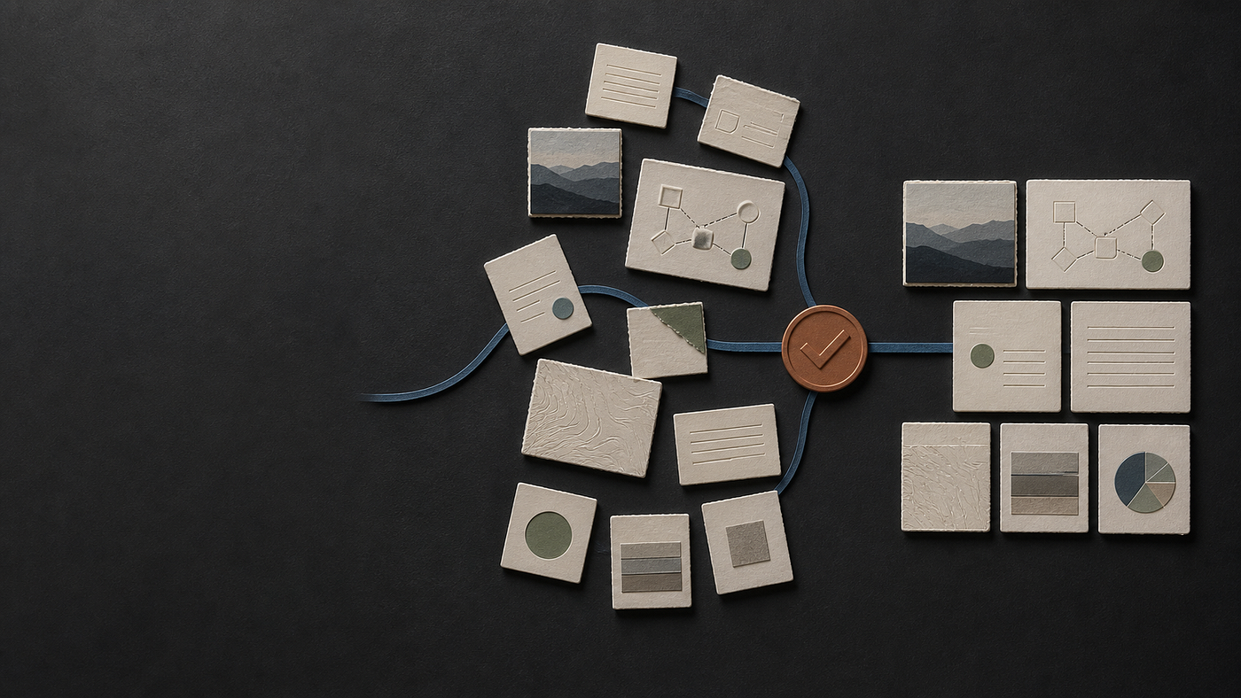 Scattered paper notes and diagrams pass through an approval marker into an orderly grid.