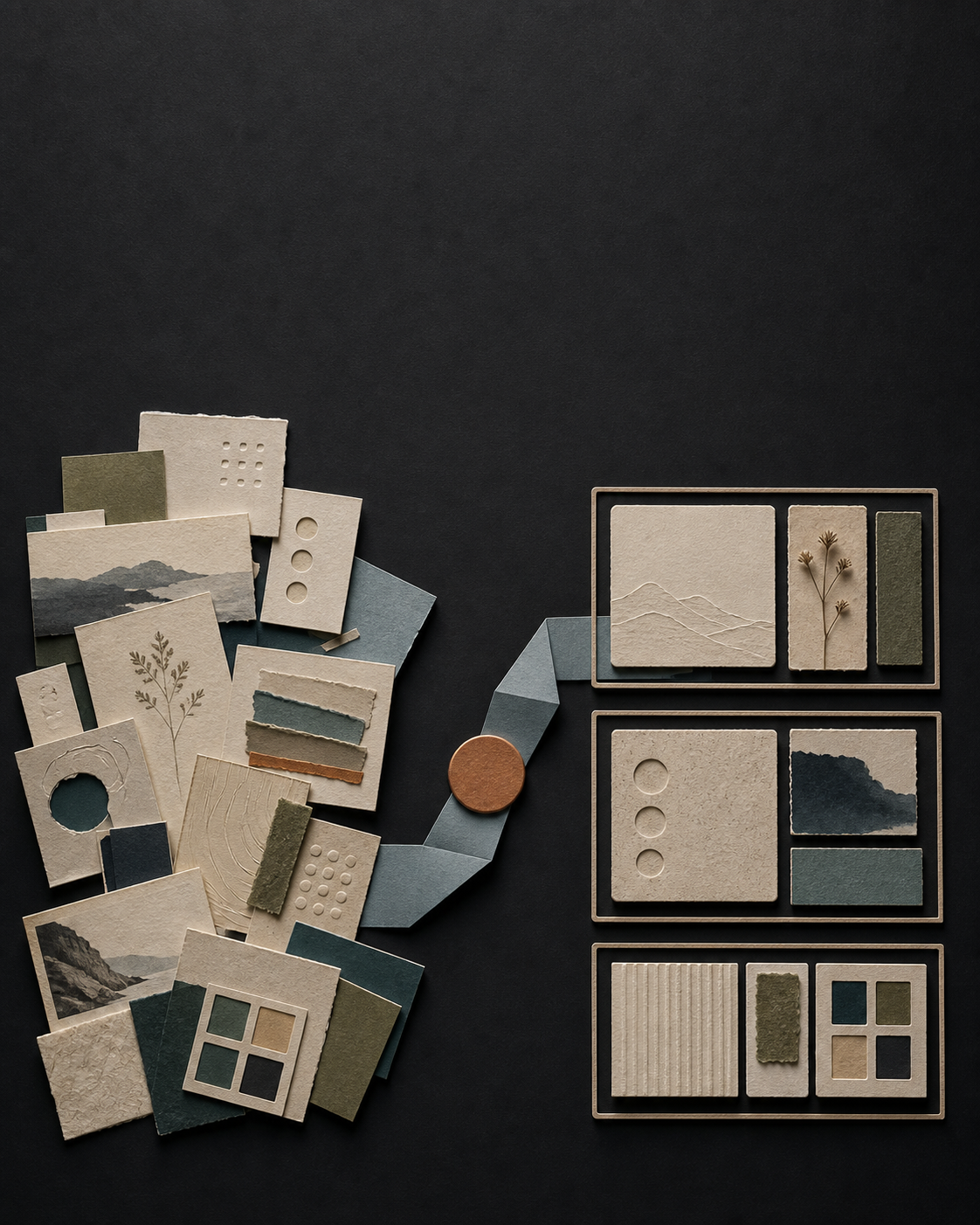 Loose paper images and textures arranged into three framed groups, connected by a ribbon and a circular review marker.