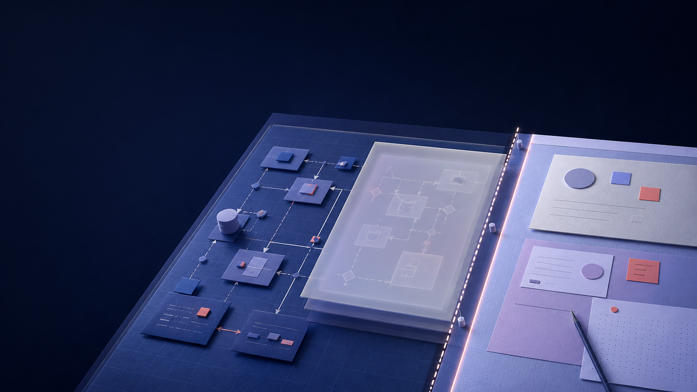 A blue system diagram and translucent proposal sheet beside a writing surface, separated by an illuminated boundary.