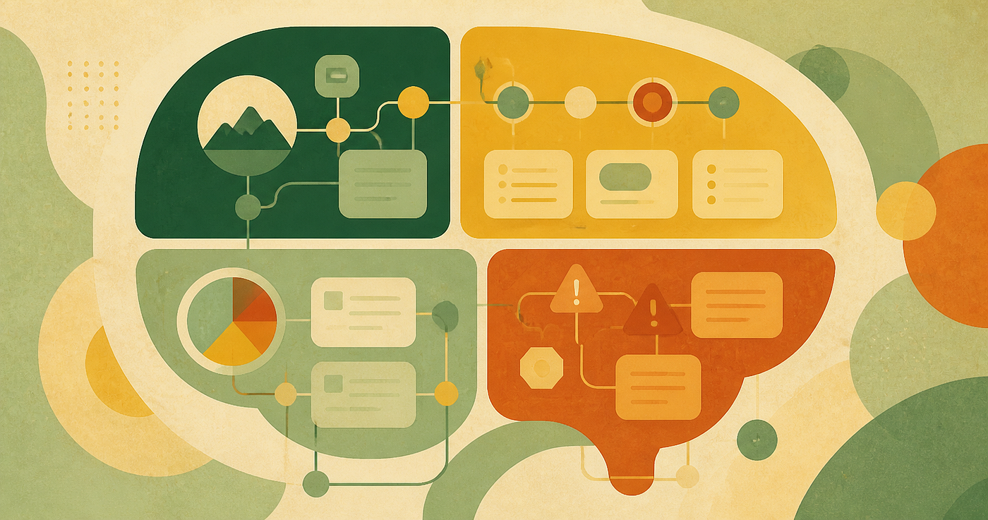 A stylized brain divided into connected areas for context, records, outcomes, and constraints.