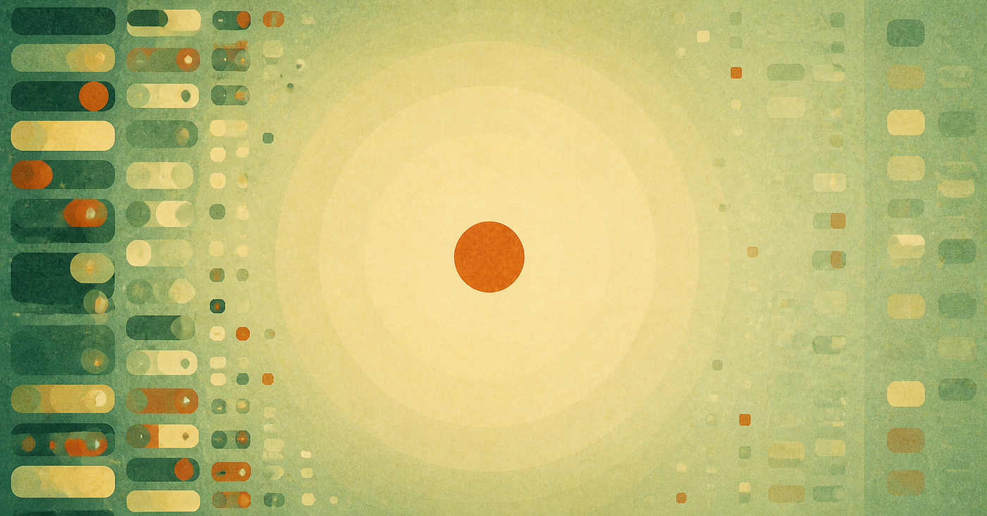 An orange focal point surrounded by layers of green and yellow records, suggesting relevant context emerging from many inputs.