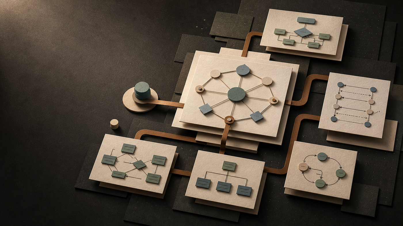 Layered paper architecture diagrams linked by copper paths, with a central network connecting flowcharts and sequence diagrams.
